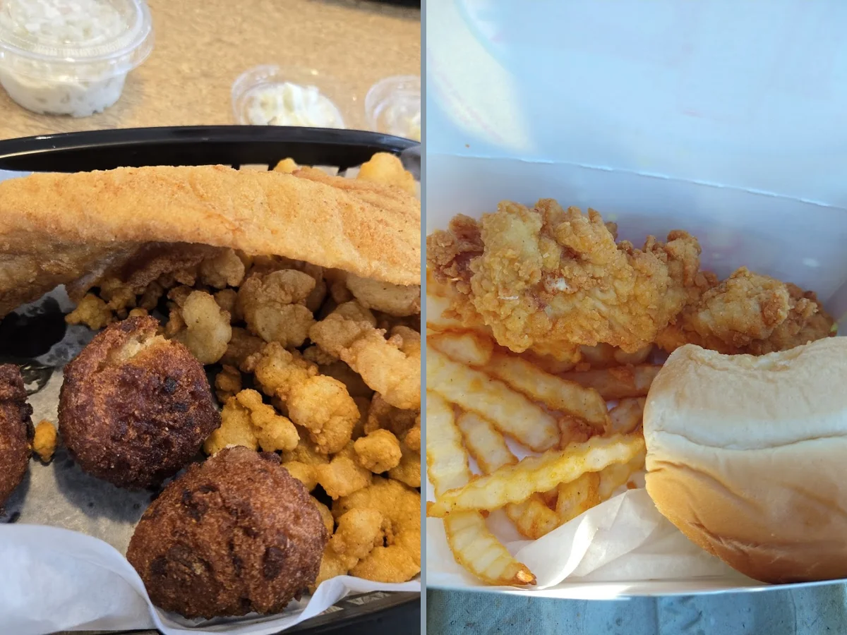Counter service area with trays of comfort food.
