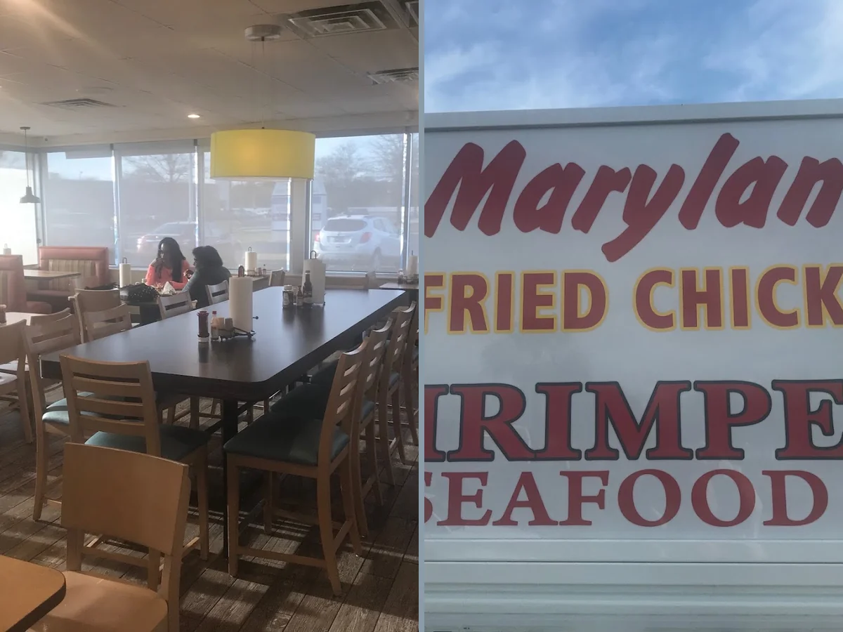 Counter service area with trays of comfort food.