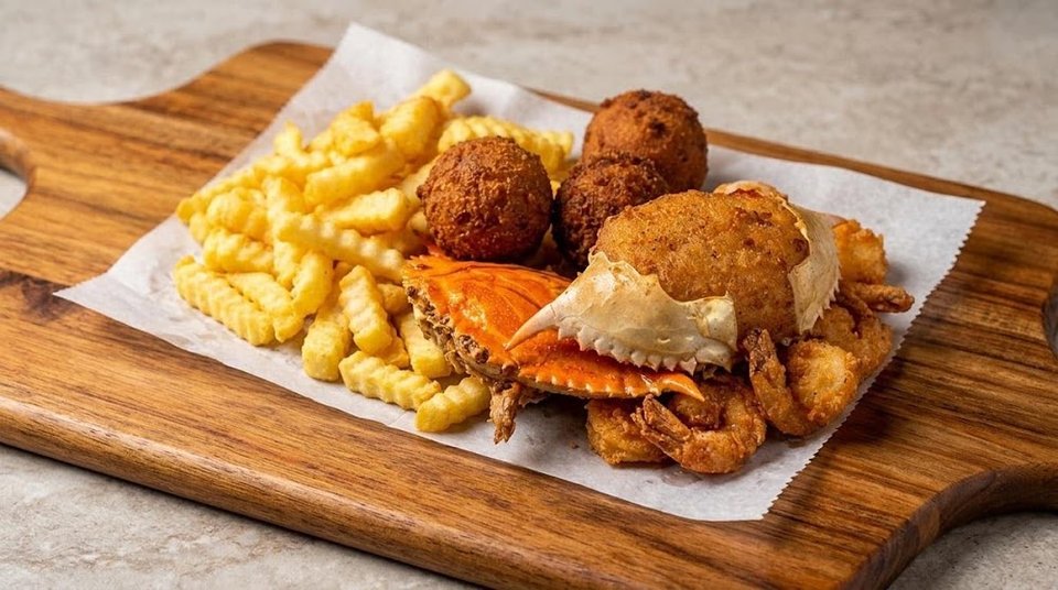 Restaurant menu listing flounder, whiting, and chicken.
